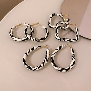 Variety of Black White Stripe Pu Leather Big Hoop Earrings