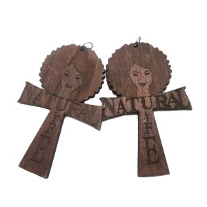 Natural Afro Ankh Wood Earrings