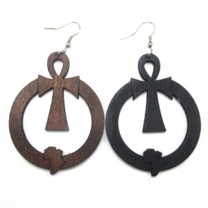 African Map Ankh Wood Earrings